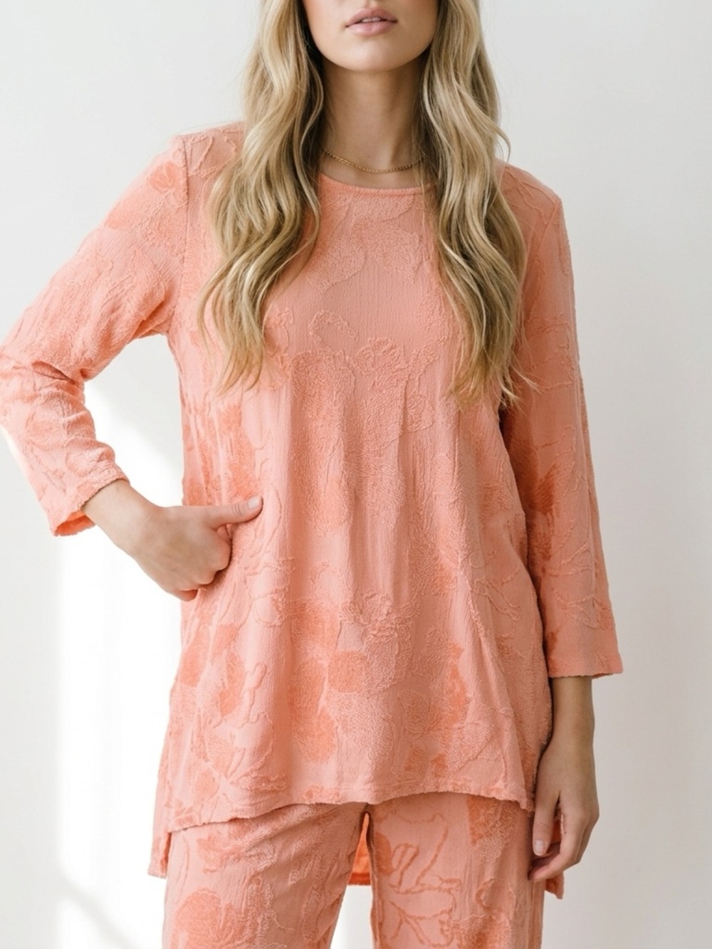 Soft Surroundings "Cecile" Floral Embroidered Tunic Top in Peachy Coral